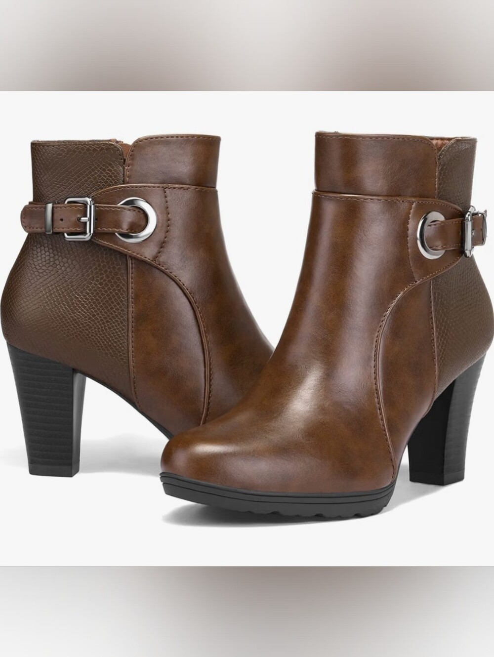Mysoft Women's Brown Buckle Heel Ankle Booties
